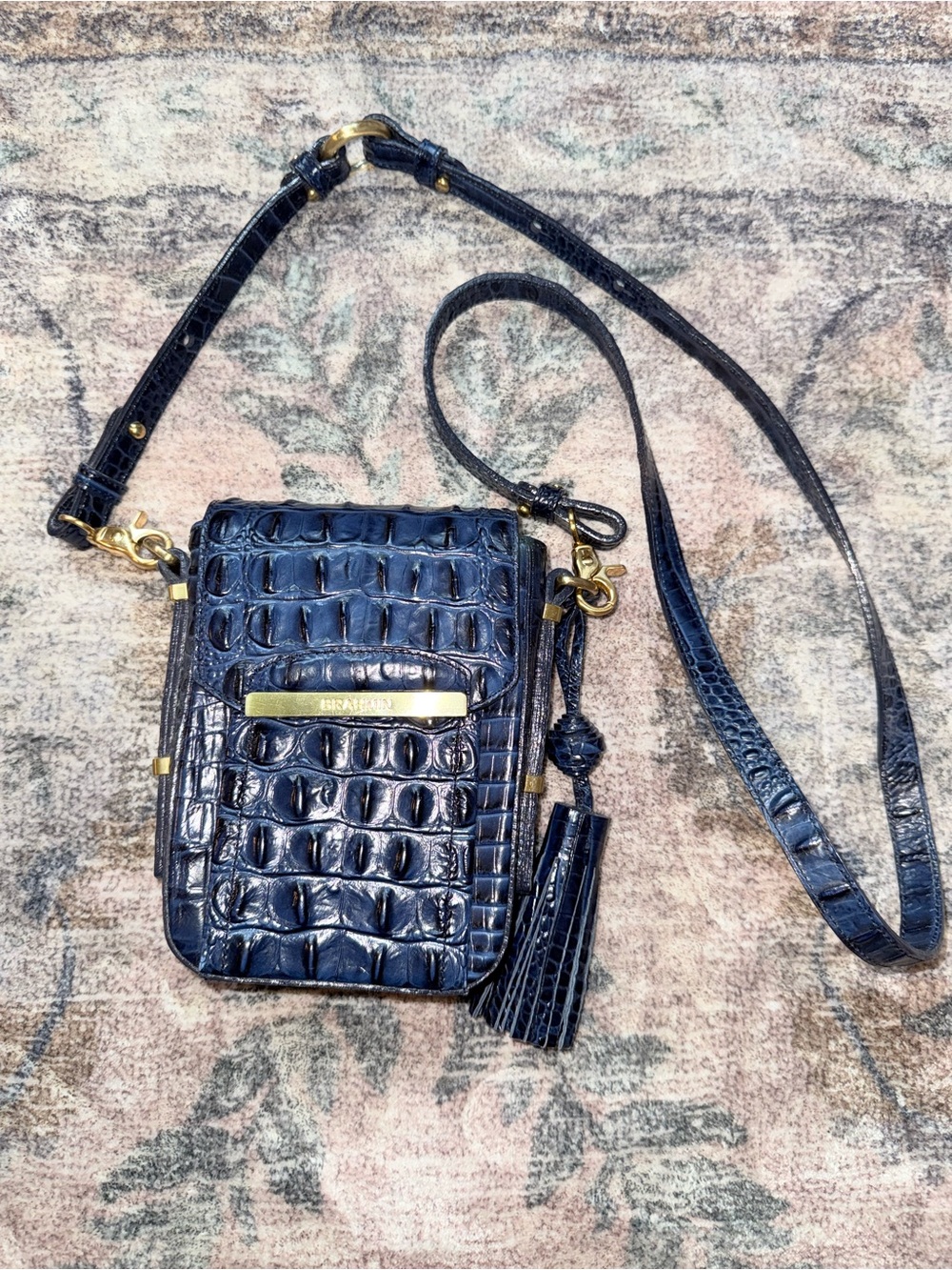 Brahmin Croc-Embossed Navy Crossbody Bag with Tassel
